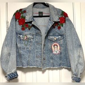 Frida Kahlo Blue Denim Jacket with Red Floral Embroidery